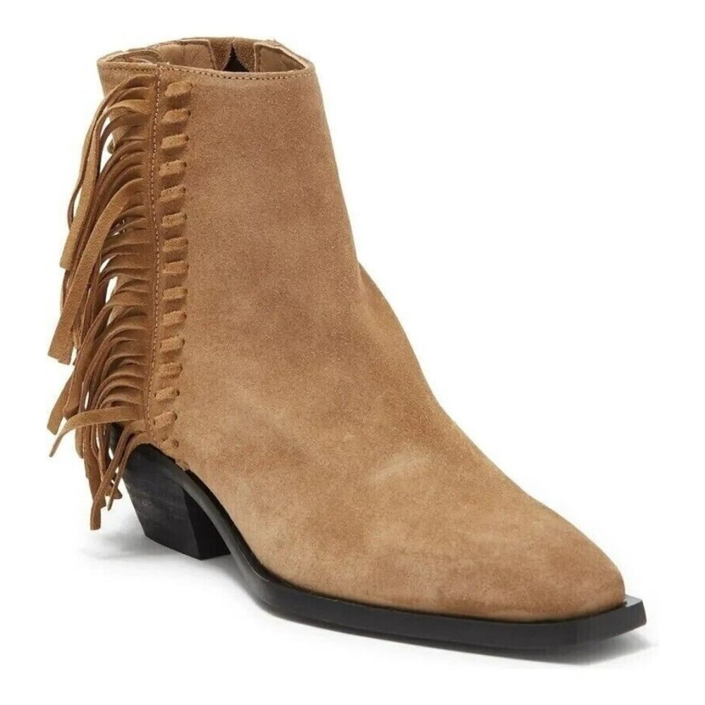$400 ALLSAINTS Layla Suede Fringe Bootie Cognac Sand BLOCK WESTERN 37 (ME14)